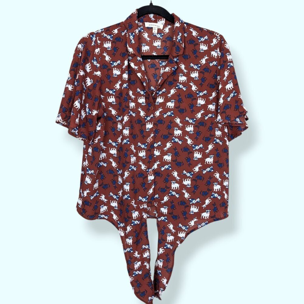 Monteau Dog Print Front Tie Blouse - Picture 4 of 10